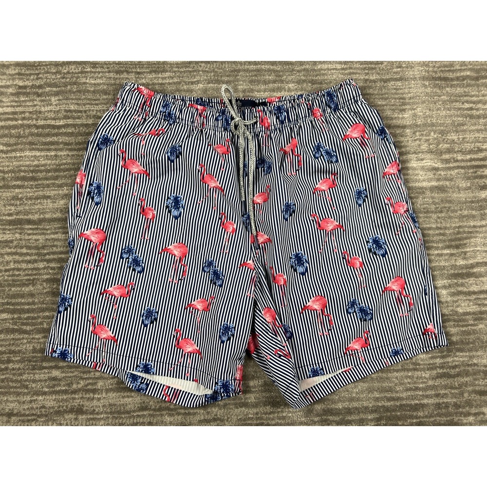 Rainforest Swim Trunks Men Large Navy White Striped Flamingo Print Mesh Lined 6"